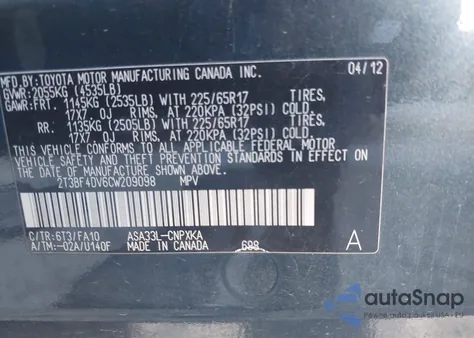 2012 Toyota Rav4 from USA, damaged, VIN 2T3BF4DV6CW209098
